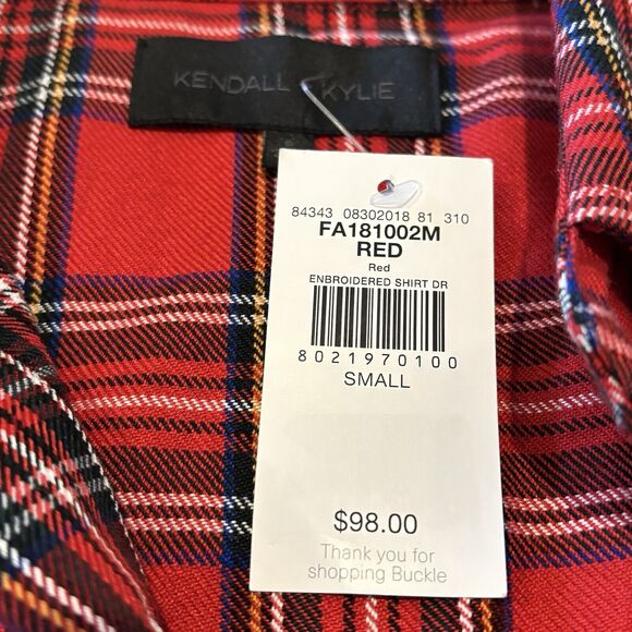 Kendall + Kylie Shirt Dress Small Red Plaid Embroidered Raw Hem Button Front - Picture 6 of 13